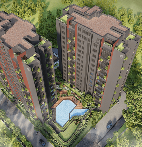 Modern residential buildings with distinctive architecture