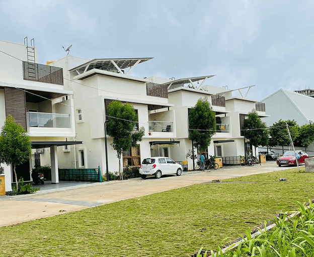 Modern residential buildings with distinctive architecture