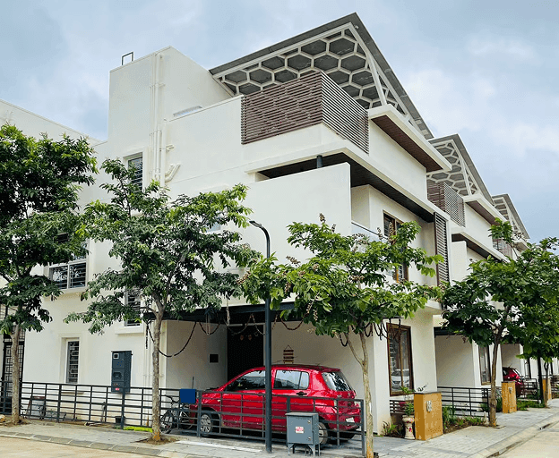 Modern residential buildings with distinctive architecture