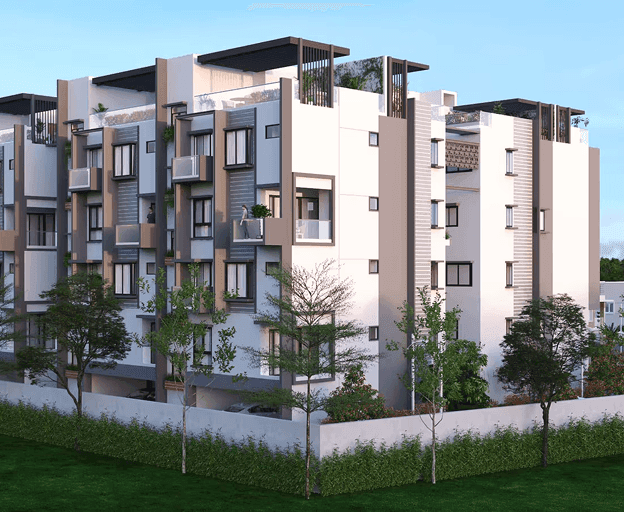 Modern residential buildings with distinctive architecture