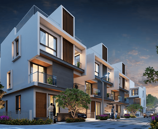 Modern residential buildings with distinctive architecture