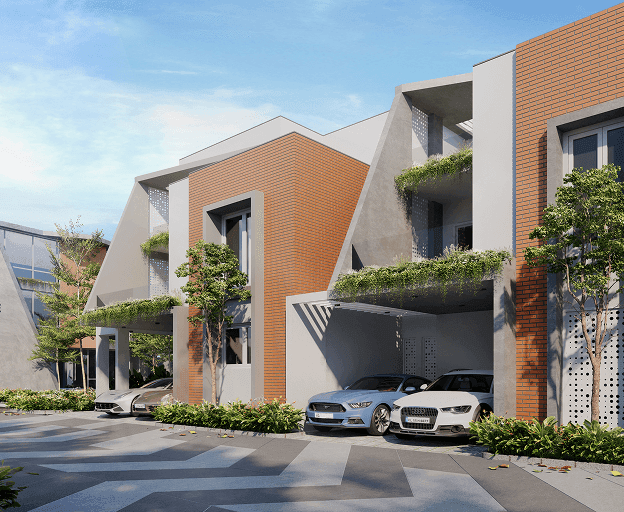Modern residential buildings with distinctive architecture