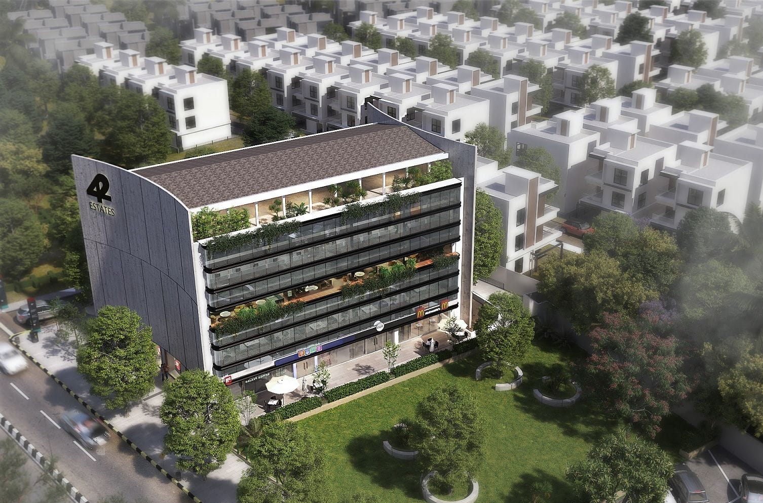 Modern residential buildings with distinctive architecture