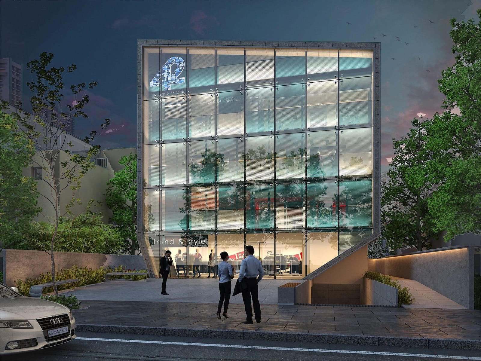 Modern residential buildings with distinctive architecture