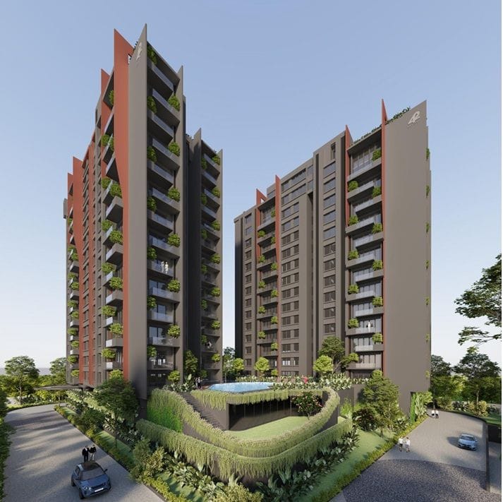Modern residential buildings with distinctive architecture