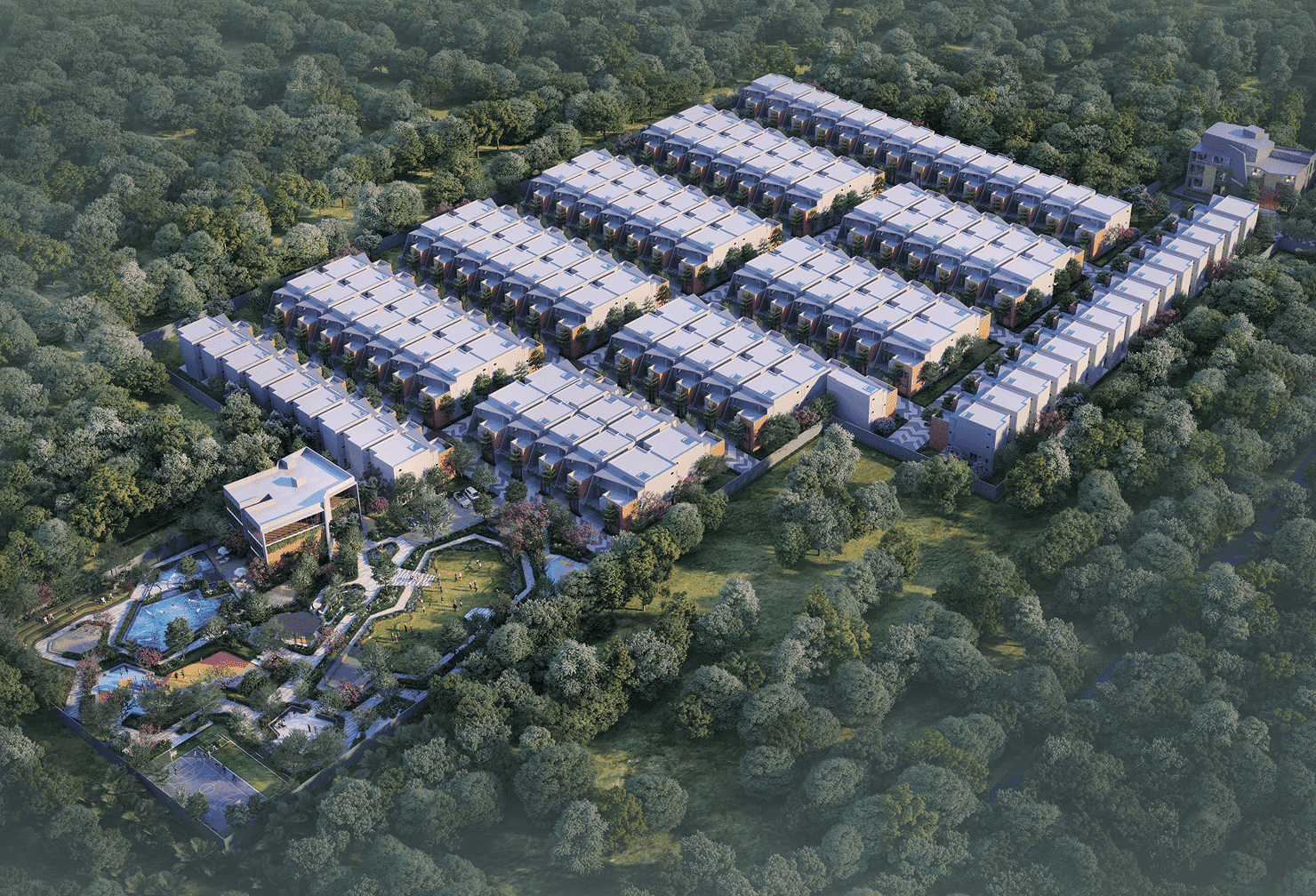 Modern residential buildings with distinctive architecture