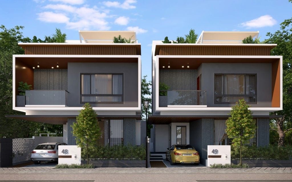 Modern residential buildings with distinctive architecture