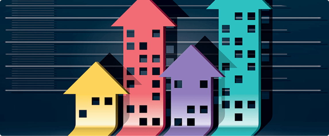 Modern residential buildings with distinctive architecture