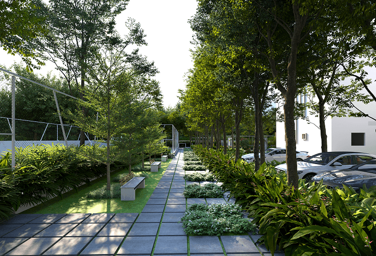 Modern residential buildings with distinctive architecture