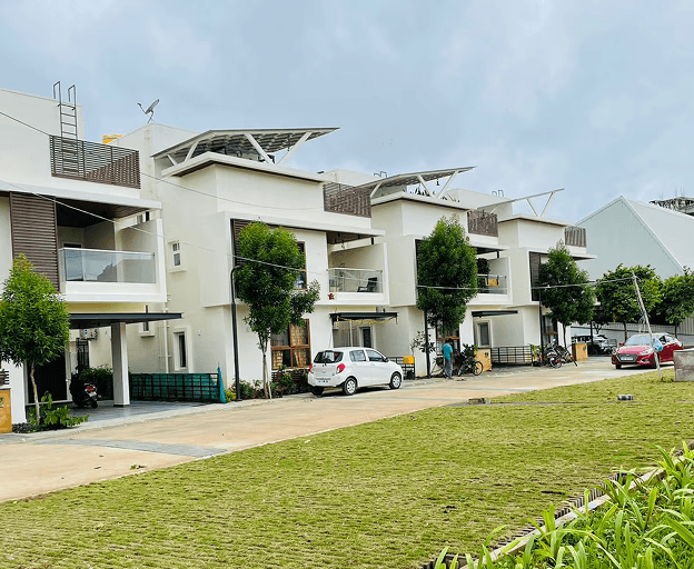 Modern residential buildings with distinctive architecture