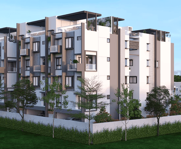 Modern residential buildings with distinctive architecture