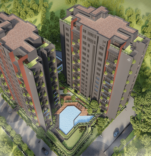 Modern residential buildings with distinctive architecture