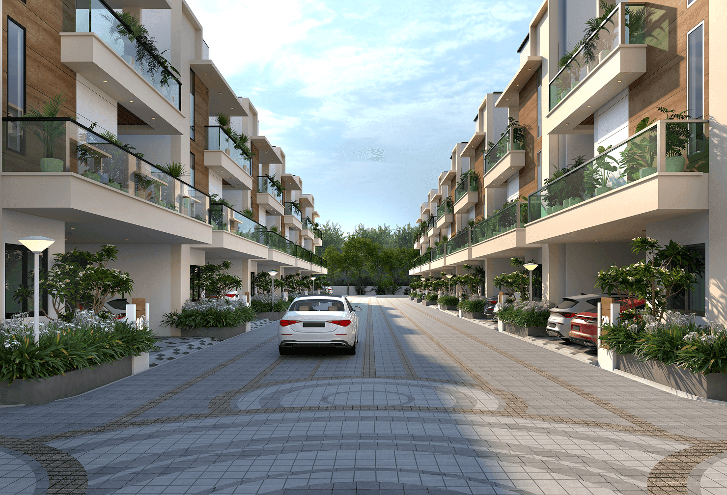 Modern residential buildings with distinctive architecture