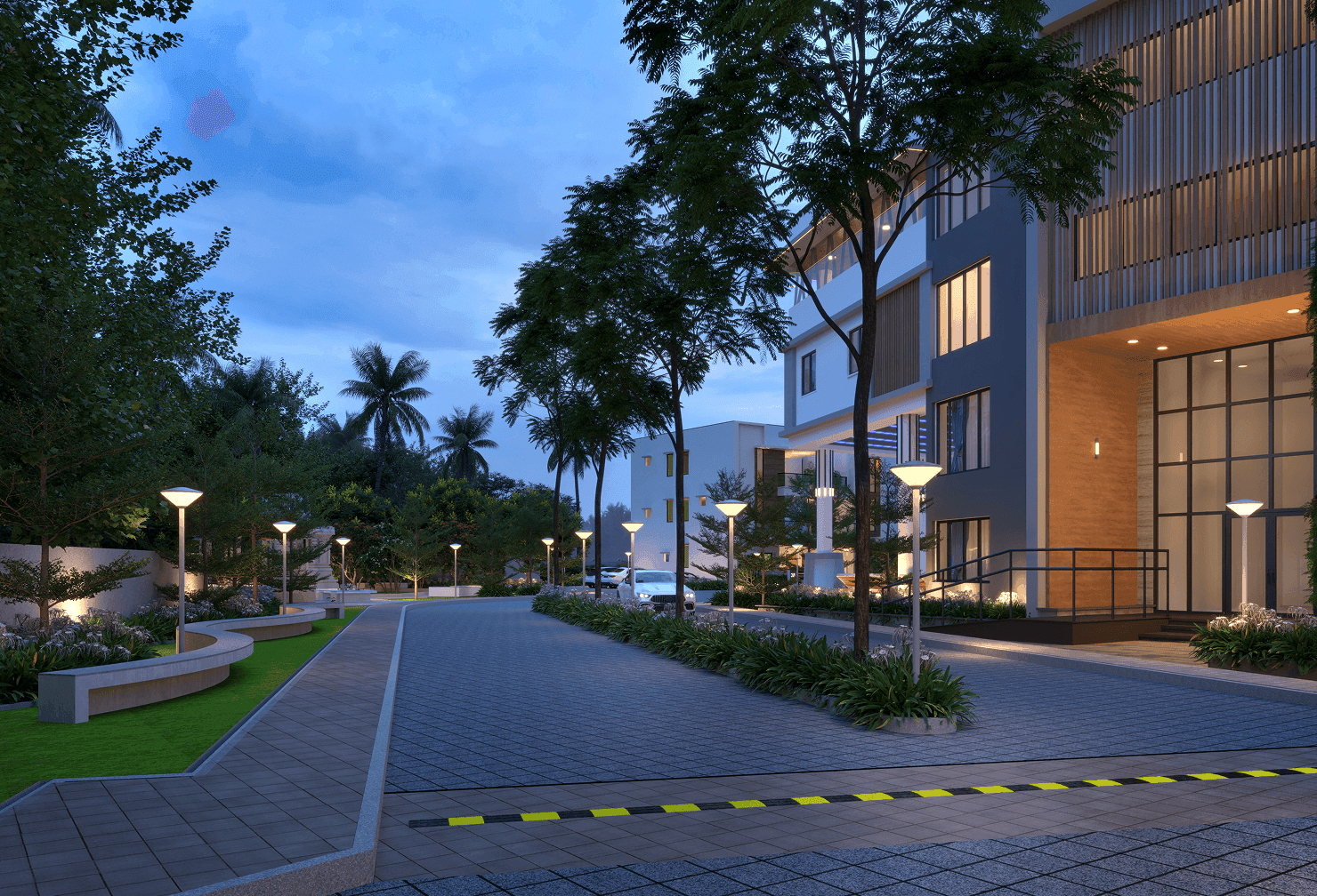 Modern residential buildings with distinctive architecture