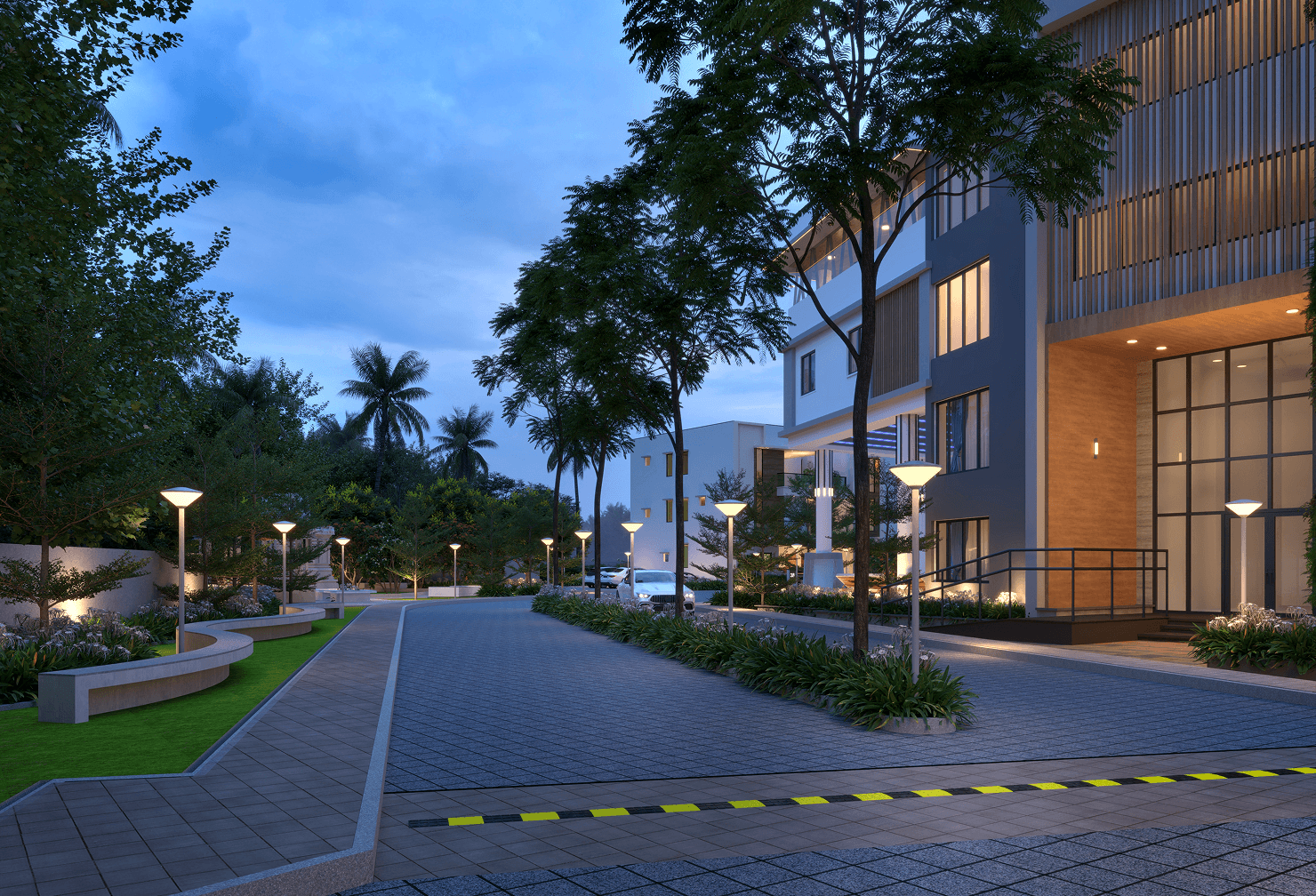 Modern residential buildings with distinctive architecture