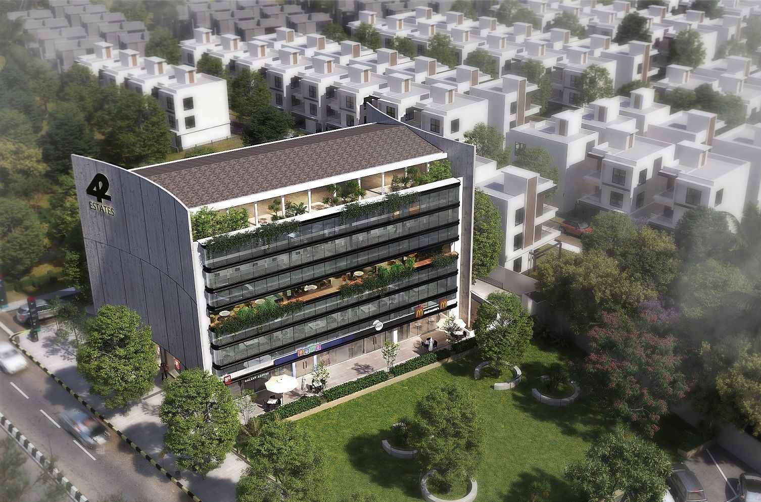 Modern residential buildings with distinctive architecture