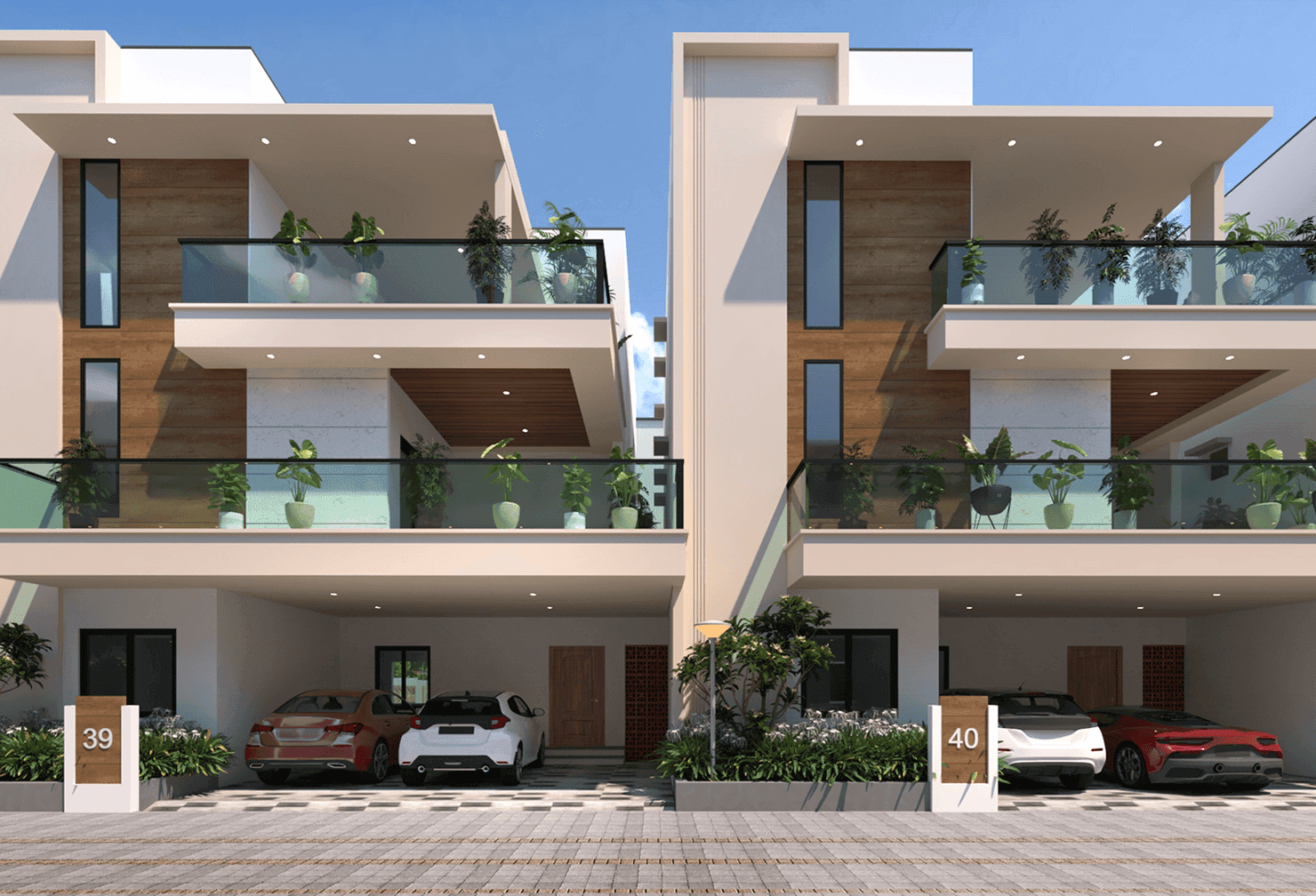 Modern residential buildings with distinctive architecture