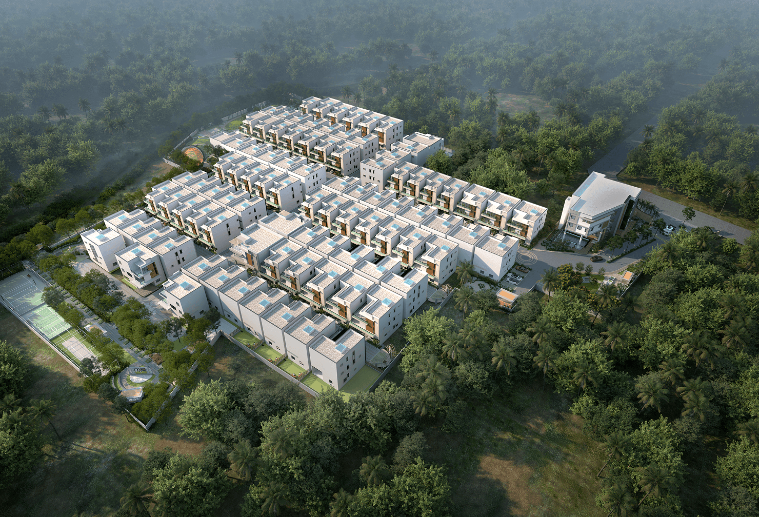 Modern residential buildings with distinctive architecture