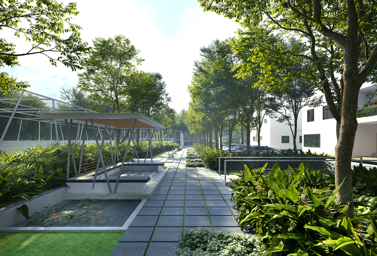 Modern residential buildings with distinctive architecture