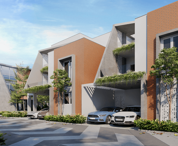 Modern residential buildings with distinctive architecture